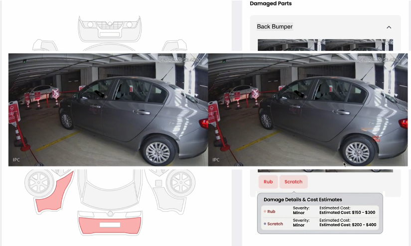 Two views of a vehicle with the damaged back bumper highlighted and defects tagged — rub and scratch detected.
