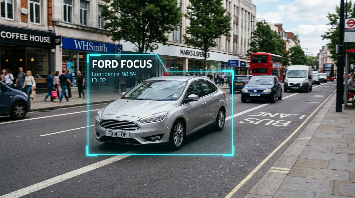 A car identified inside a detection bounding box with make, model, and a 98.7% confidence score.
