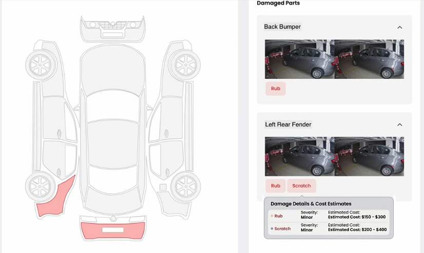 Top-down car diagram with damaged panels highlighted — back bumper and left rear fender — alongside photo evidence of each defect.