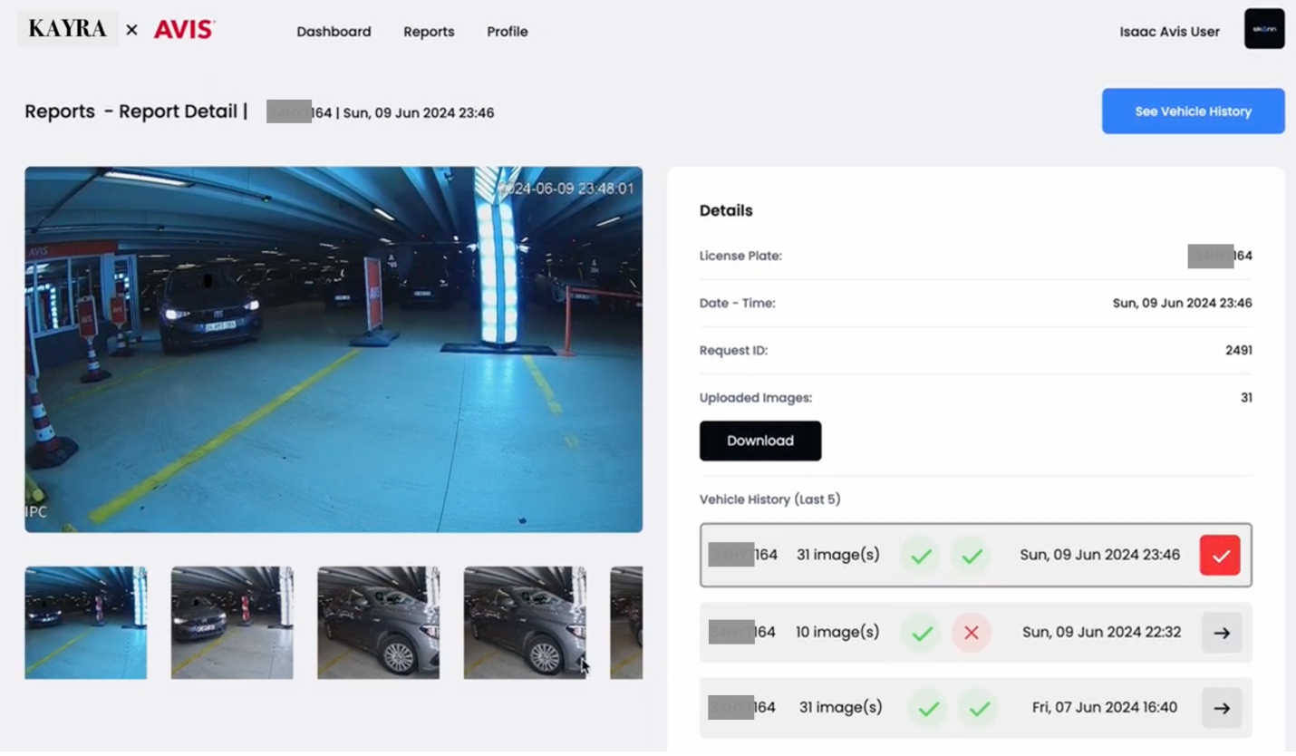 Kayra × AVIS inspection dashboard showing a vehicle report with damage images, scan history, and download controls.